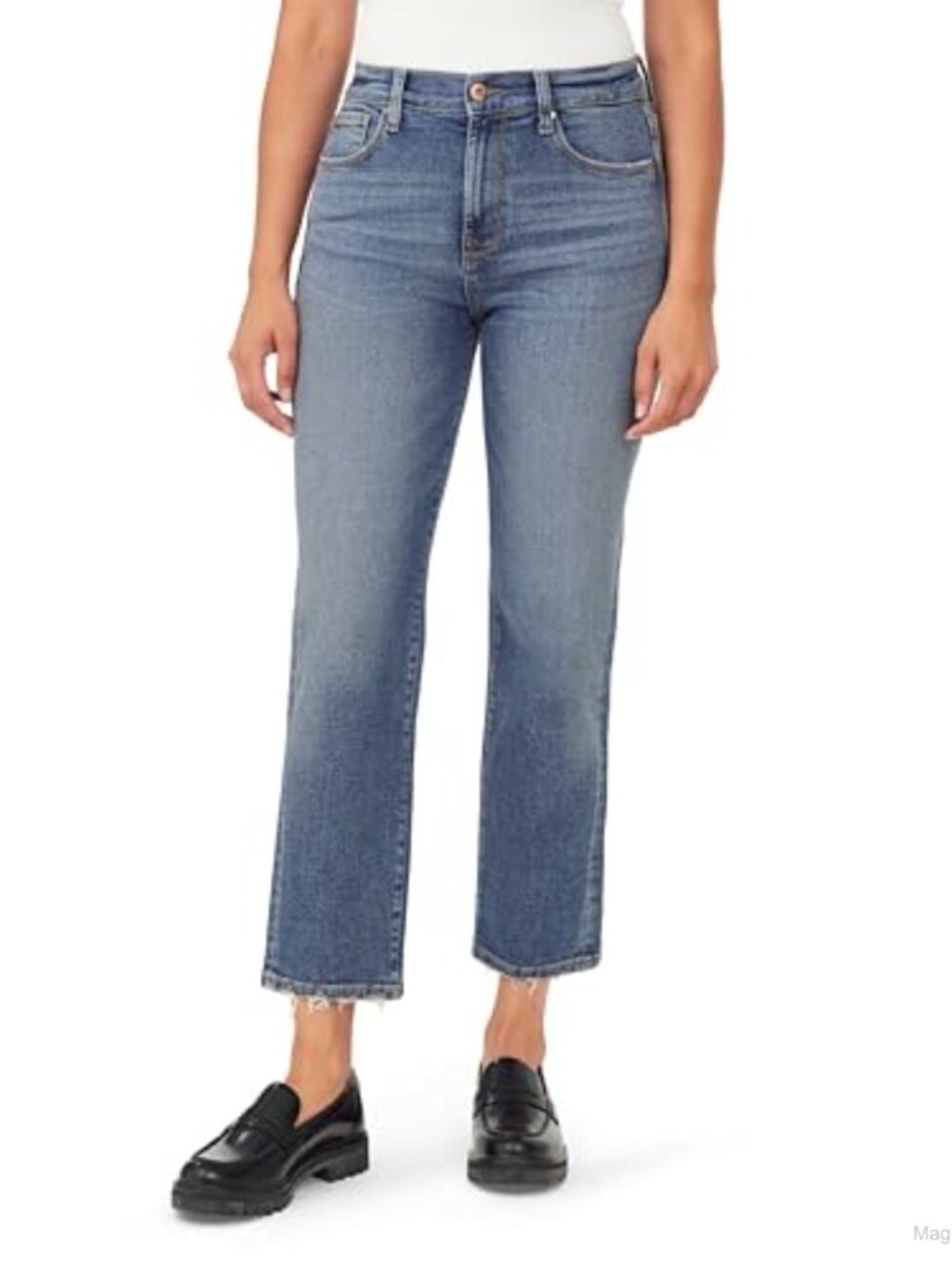 High Rise Straight Leg Jeans Raw Edge 27-Inch Inseam Cotton Blend Denim
